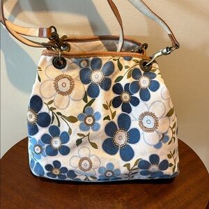 Rosetti denim floral shoulder bag cream blue tan  brass hardware  tan vegan trim